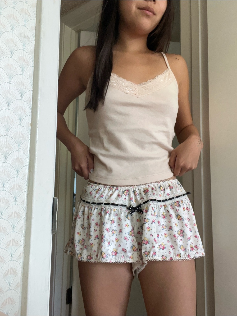 For Love And Lemons Cream Lace-Trim Cami and White Floral Sleep Shorts